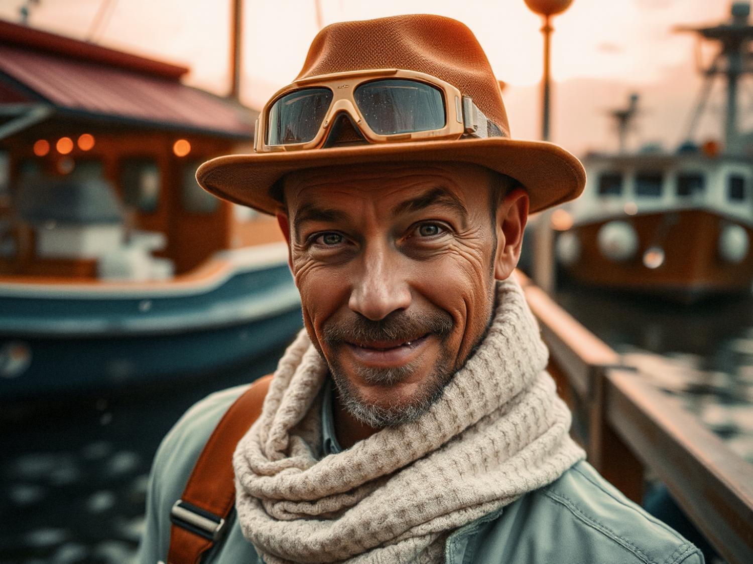 A man with a light mustache and goatee, wearing a brown hat, goggles on his forehead, a light scarf, and a brown bag strap over his shoulder—evoking vintage adventure style—smiles at the camera against a backdrop of docked boats and a sunset sky.