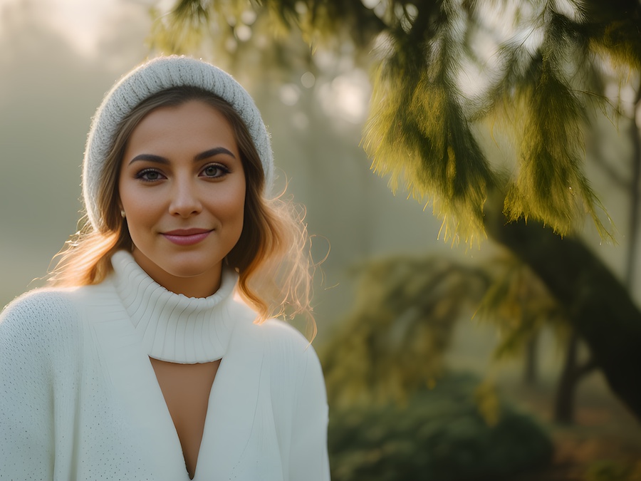 woman, white sweater, beanie, park