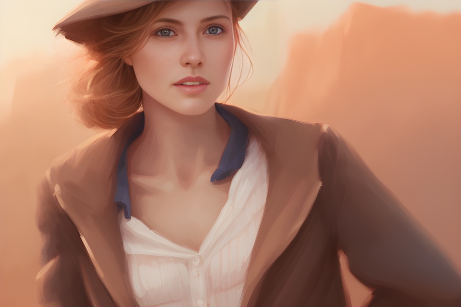 A woman wearing a hat is depicted in a painting.