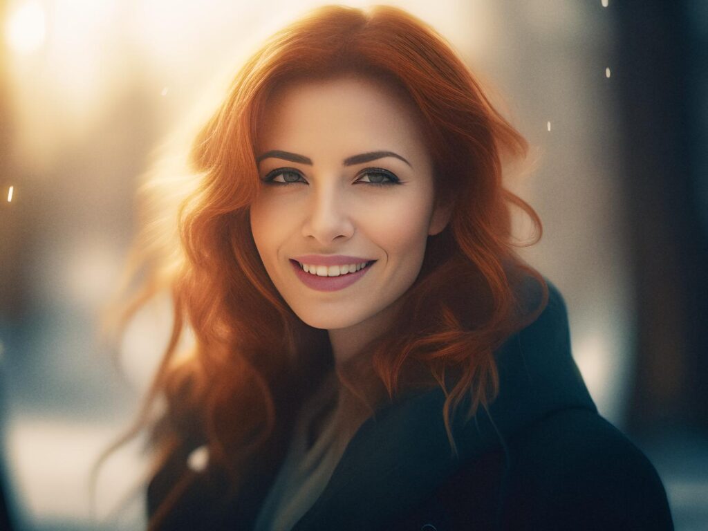 A woman with long, wavy red hair smiles warmly at the camera, sporting a chic dark coat in a softly lit, snowy backdrop. Dreamy winter style.