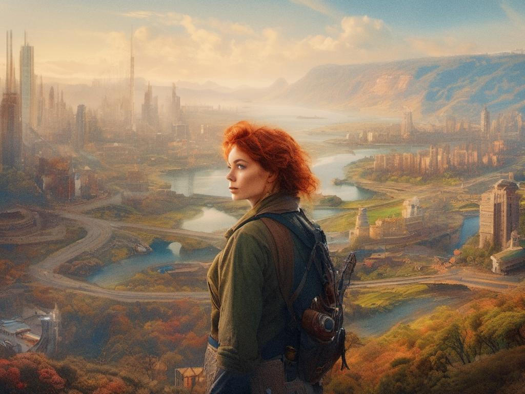 A red-haired woman in rugged attire stands on a hill, gazing at a futuristic cityscape. Her premium shoulder bag adds flair to the serene vista.