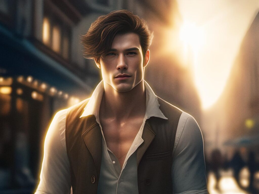Confident man with tousled hair in an open-collar shirt and vest stands in a sunlit city street at sunset, exuding effortless urban chic.