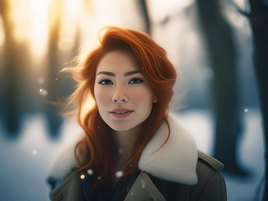 A woman with flowing red hair stands in a snowy forest, adorned in a chic coat with a white fur collar. Sunset glow and snowflakes complete the dreamy winter look.
