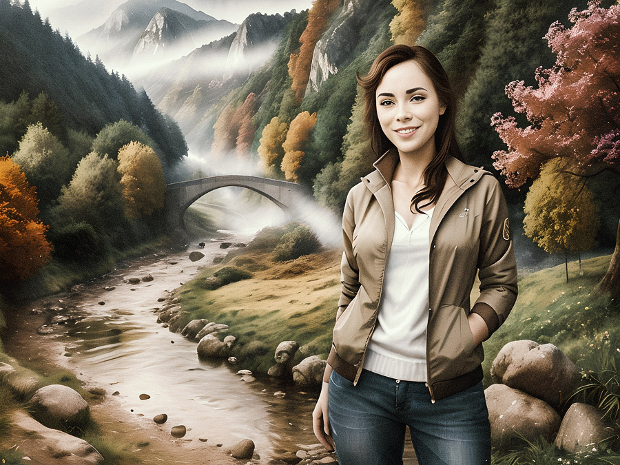 A smiling woman in a beige jacket and blue jeans stands by a scenic river, toting a chic canvas bag. A stone bridge arches over the misty, autumn-hued landscape.