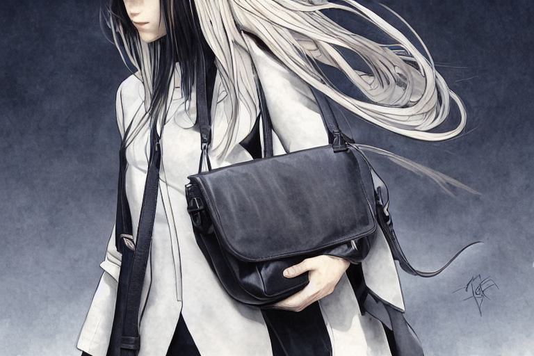 Anime-inspired character with striking black-and-white hair, sporting a sleek pale top and trendy black leather bag. Stylish flair prevails.