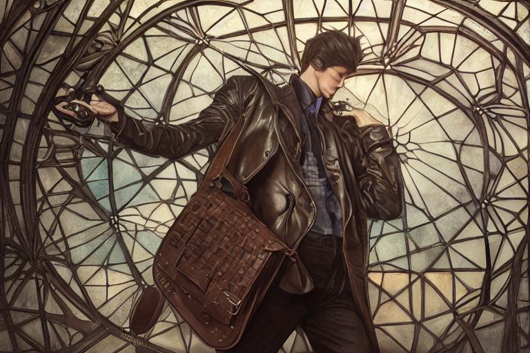 A trendsetter in a leather coat and blue shirt strikes a pose by a stained glass window, flaunting sunglasses and a woven leather bag.