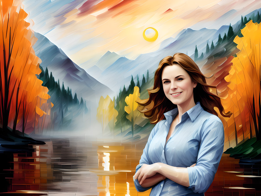 A leading painting of a woman standing next to a river.