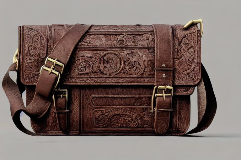 A vintage-inspired brown leather satchel with intricate embossing, buckle straps, and an adjustable shoulder strap—an artistic fashion staple.