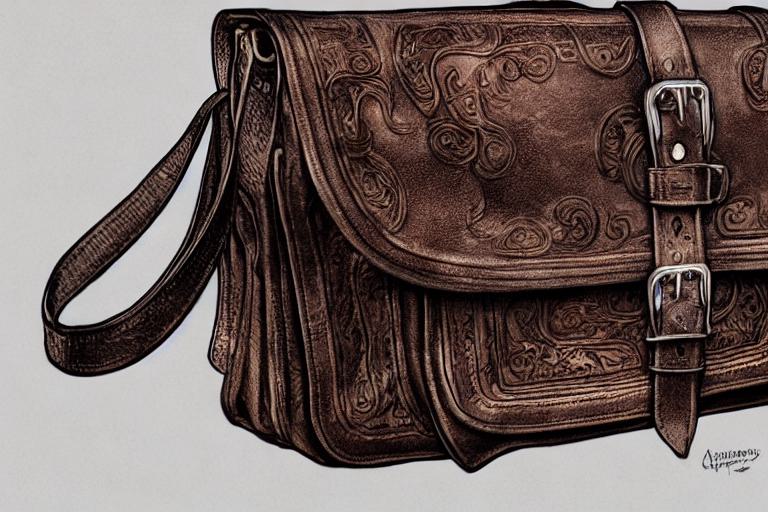 A detailed brown leather purse with intricate embossing and silver buckles; a stylish blend of craftsmanship and elegance.