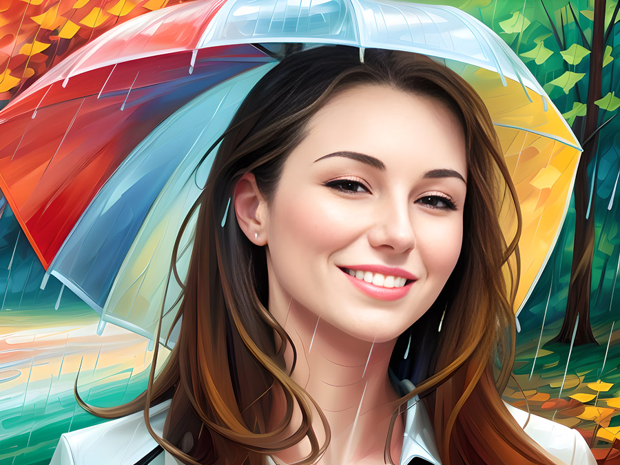 A woman holding an outstanding umbrella in the rain.