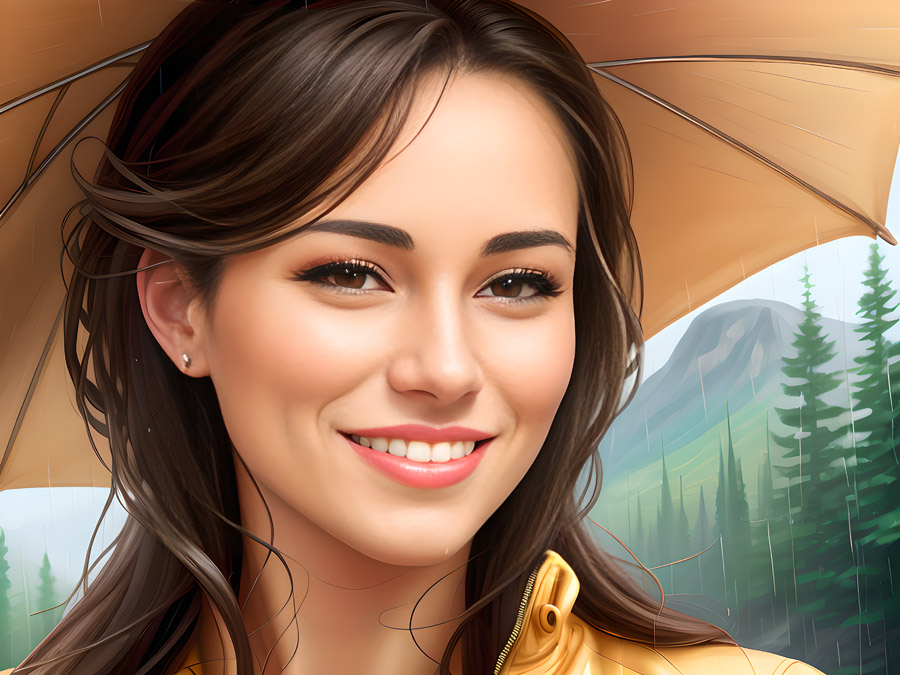 A woman in a finest yellow jacket holding an umbrella.