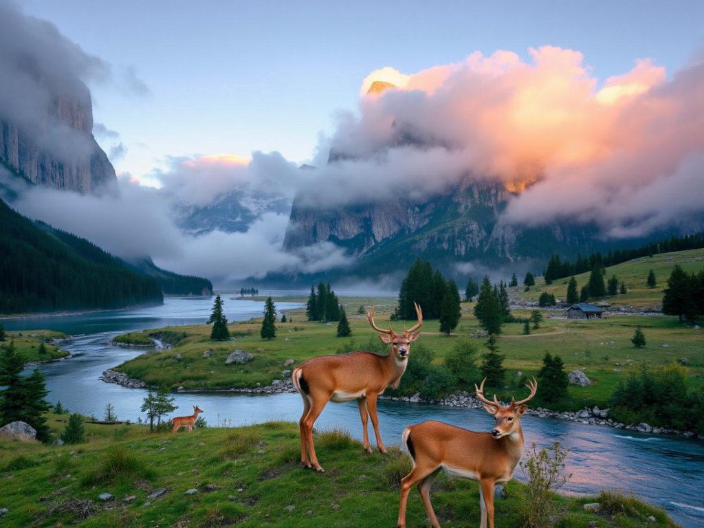In a misty, serene landscape, two deer with antlers stand stylishly on a grassy hill overlooking a winding river. Mountains bathed in sunset hues complete the scene, while more deer by the river sport trendy JanSport Packs—nature's take on outdoor fashion accessories.