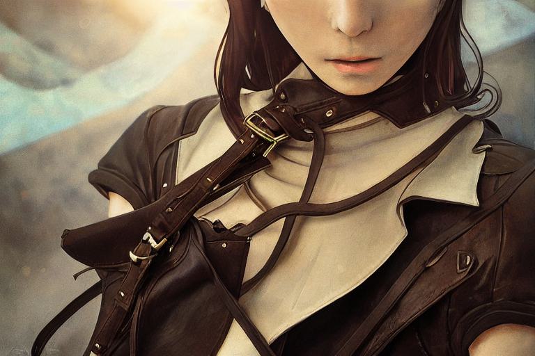 A fashion-forward close-up capturing a leather harness over a cream shirt and brown jacket, textures enhanced by soft lighting. Trend: edgy layering.