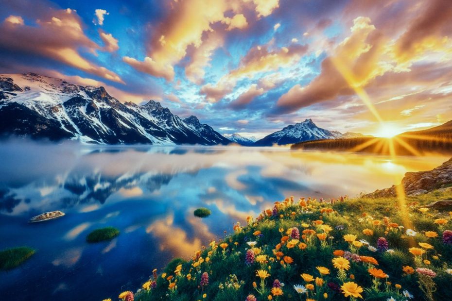 A vibrant sunrise casts a glow on a serene mountain lake with snowy peaks mirroring the scene. A JanSport pack and colorful wildflowers in the foreground add a touch of adventurous style to this picturesque landscape.