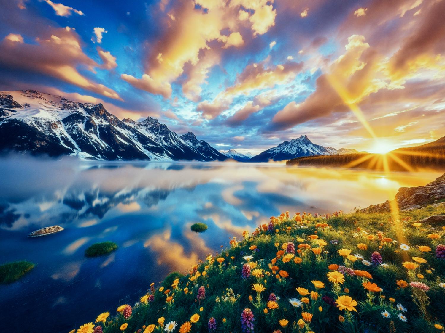 A vibrant sunrise casts a glow on a serene mountain lake with snowy peaks mirroring the scene. A JanSport pack and colorful wildflowers in the foreground add a touch of adventurous style to this picturesque landscape.