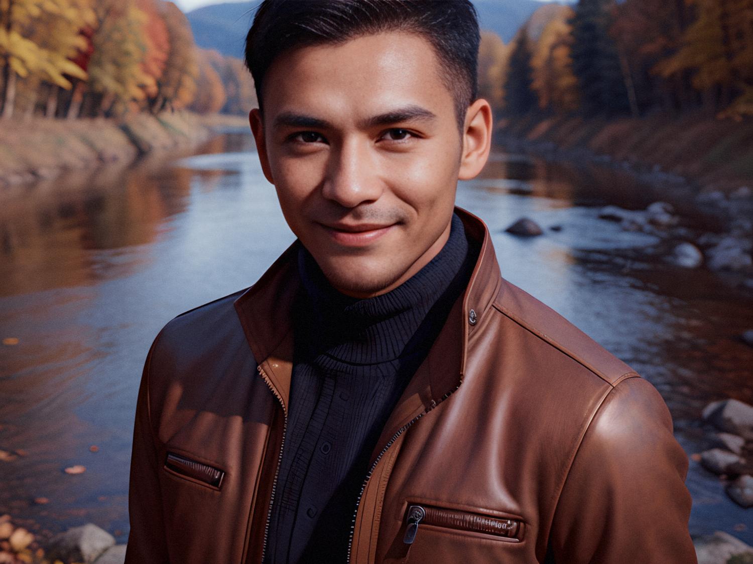 A stylish man in a brown leather jacket and black turtleneck stands by an autumn river, smiling with his Osprey Arcane duffel amidst vibrant fall leaves.