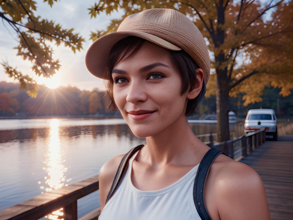 A woman in a chic tan cap and white tank top poses lakeside at sunset, her stylish WP Duffel slung over one shoulder. Luxe autumn vibes! 🌅✨