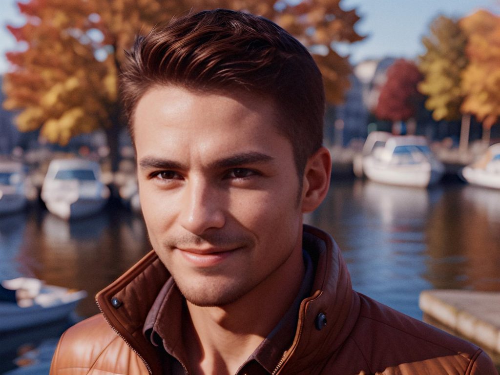A stylish young man with short brown hair smiles confidently in a brown jacket and a Core Gaming Tactical Backpack. He stands by a vibrant waterfront, where autumn trees and moored boats create the perfect sunny backdrop for adventure-seeking gamers.