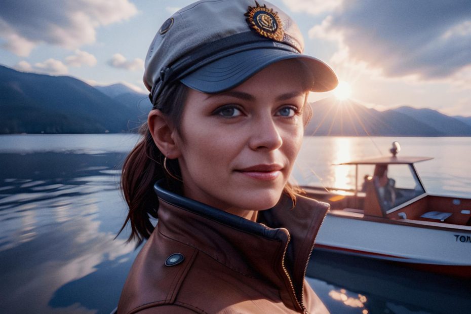 A woman in a light gray emblem cap and brown leather jacket smiles by a serene lake at sunset, her Core Gaming Tactical Backpack by Mobile Edge—a must-have for gamers—by her side. A boat drifts in the tranquil water with majestic mountains in the background.