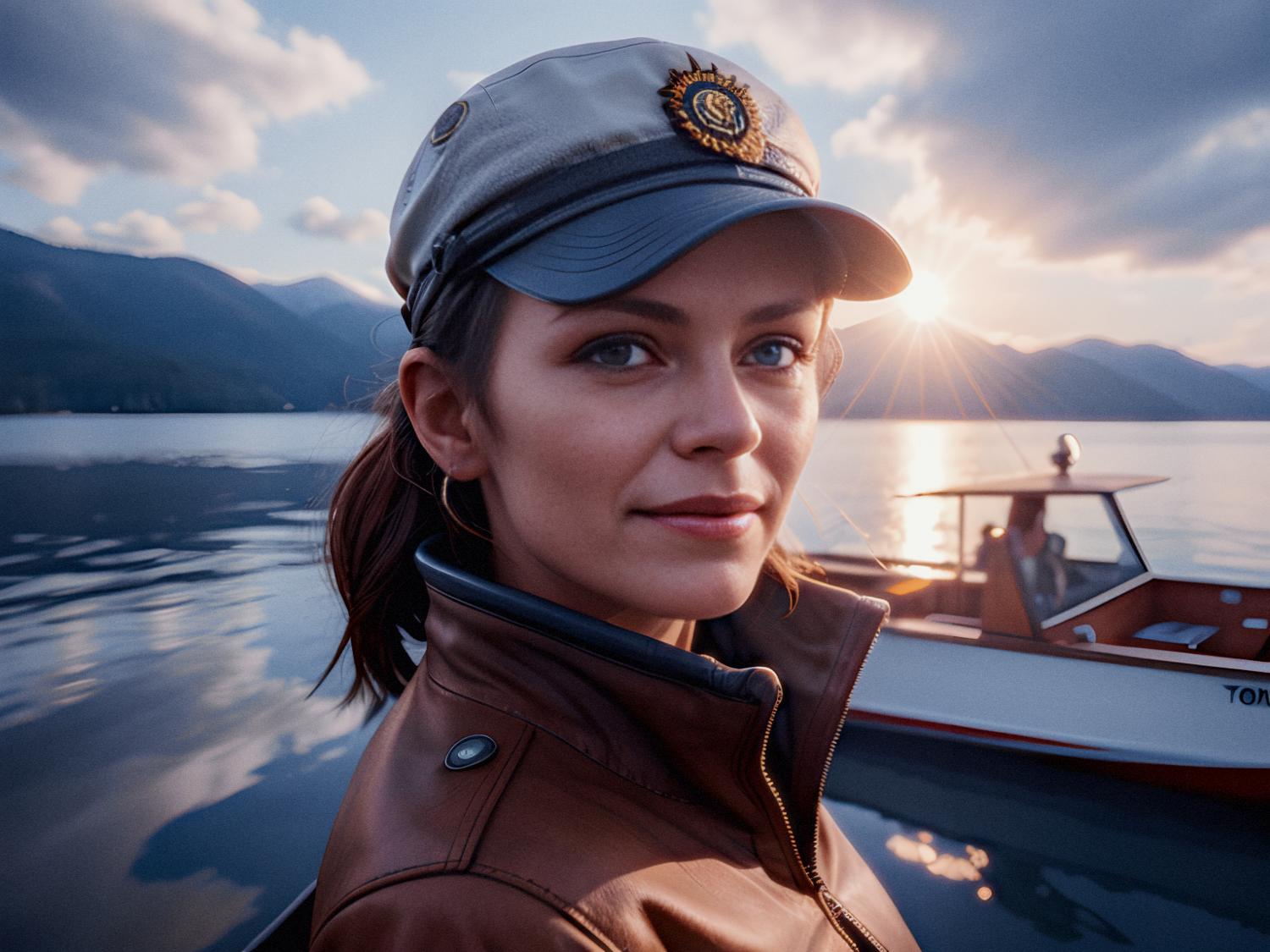 A woman in a light gray emblem cap and brown leather jacket smiles by a serene lake at sunset, her Core Gaming Tactical Backpack by Mobile Edge—a must-have for gamers—by her side. A boat drifts in the tranquil water with majestic mountains in the background.