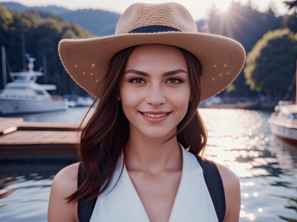 A stylish woman in a chic wide-brimmed hat beams at the camera, standing near water with scenic boats and hills. Her Core Gaming Tactical Backpack epitomizes on-trend fashion with functionality for the adventurous gamer.