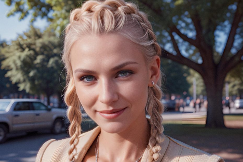 A blonde woman with intricate braids and a beige jacket poses outdoors, showcasing chic silver earrings and an Osprey Arcane duffel. A stylish blend of nature and urban chic.