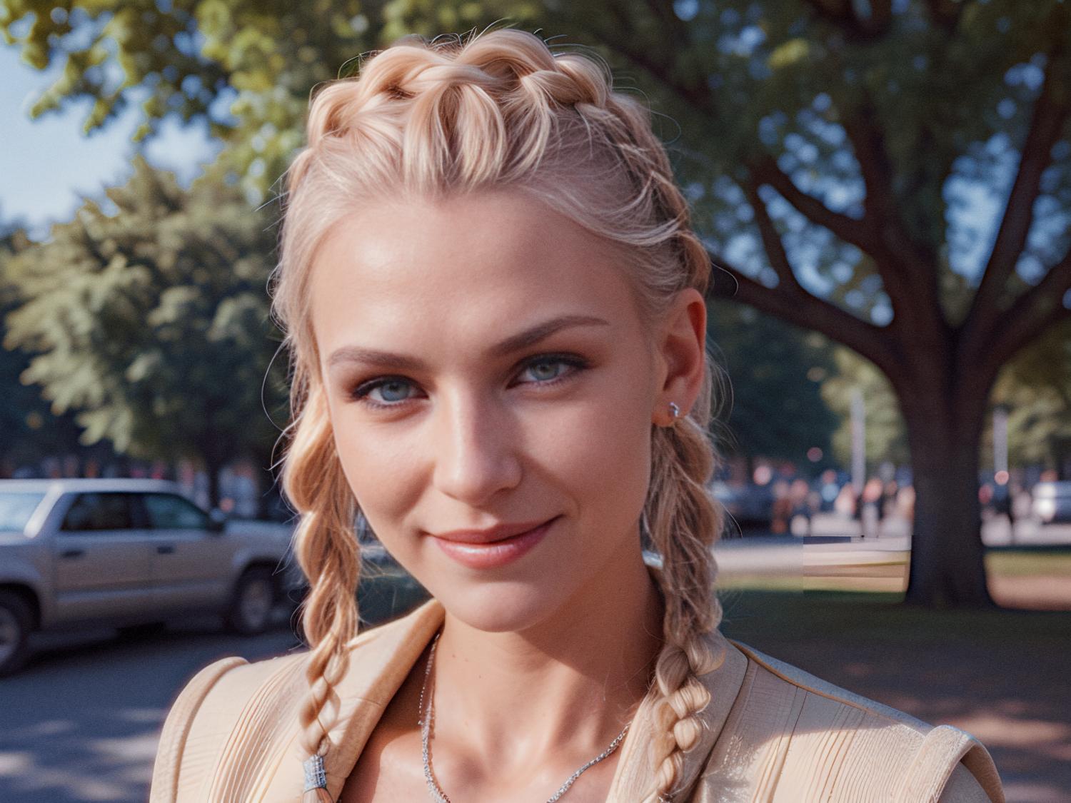 A blonde woman with intricate braids and a beige jacket poses outdoors, showcasing chic silver earrings and an Osprey Arcane duffel. A stylish blend of nature and urban chic.