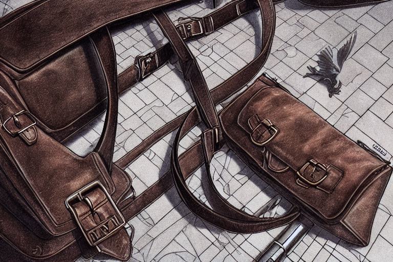 Vintage charm meets craftsmanship: leather satchels and belts on rustic cobblestones, silhouette of a black bird adds timeless elegance.