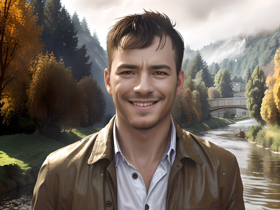 An outstanding man in a brown jacket is smiling in front of a river.