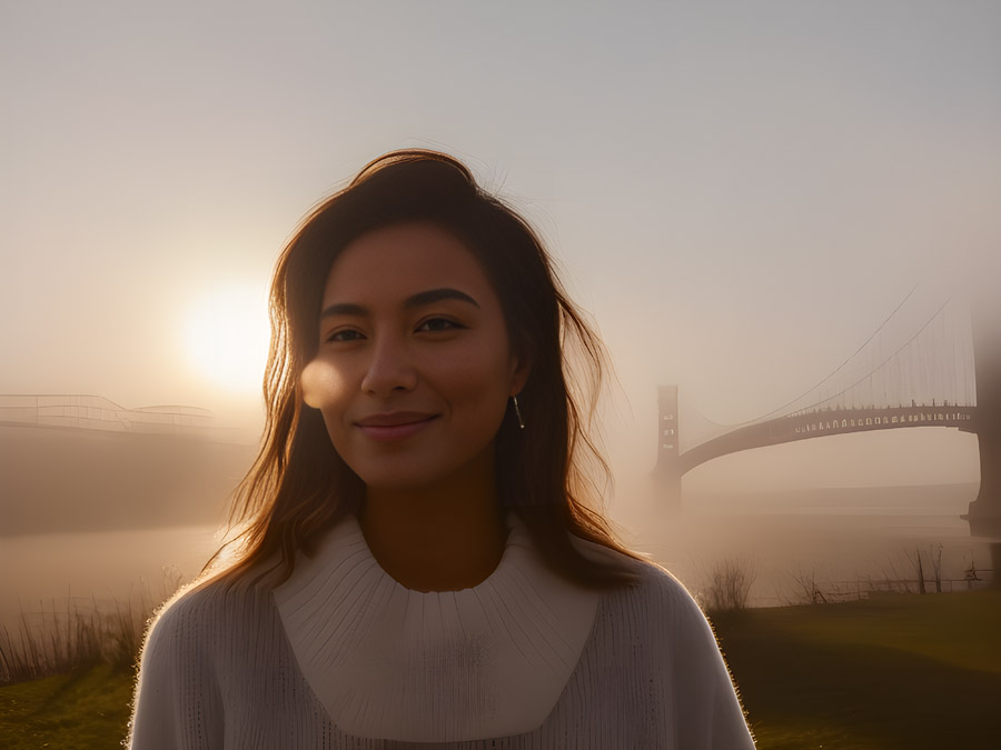Golden gate bridge, woman standing.