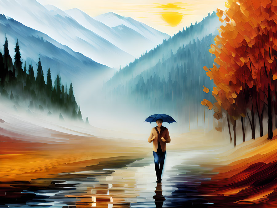 The perfect painting of a man leading an umbrella down a river.