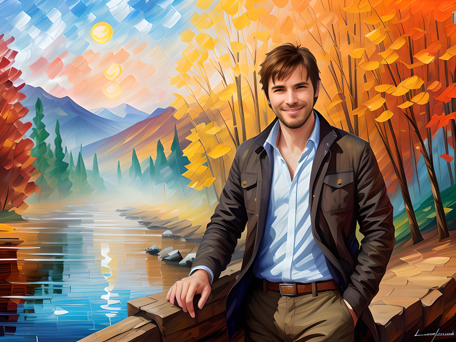 An outstanding painting of a man standing next to a river.