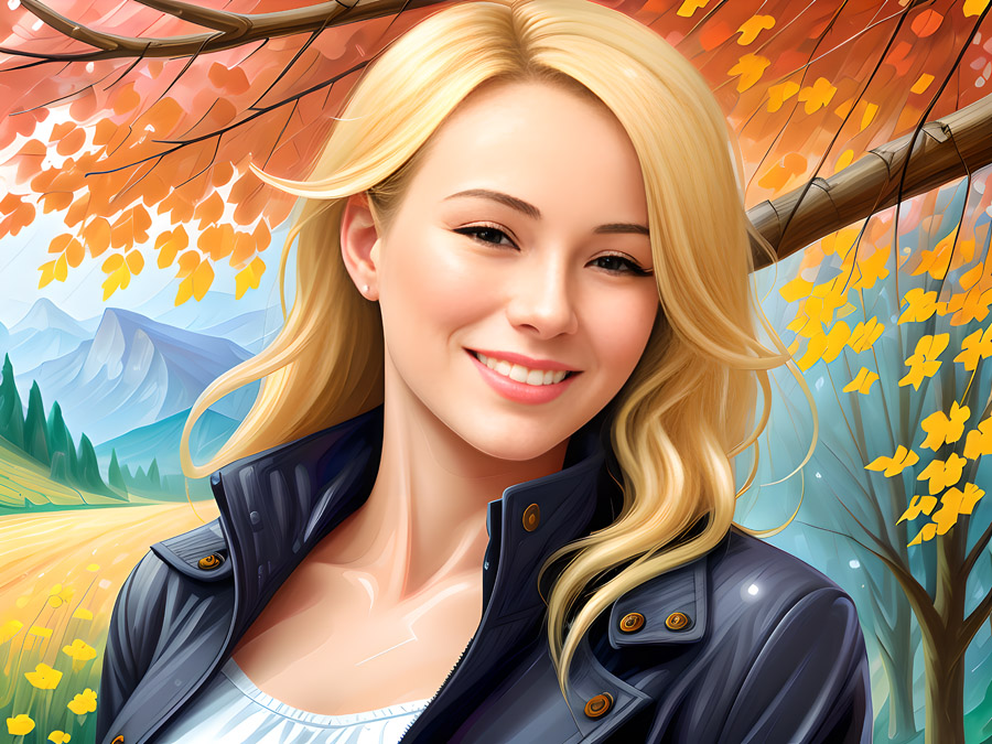 A woman in a black jacket is smiling in front of a tree, looking elegant and first-rate.