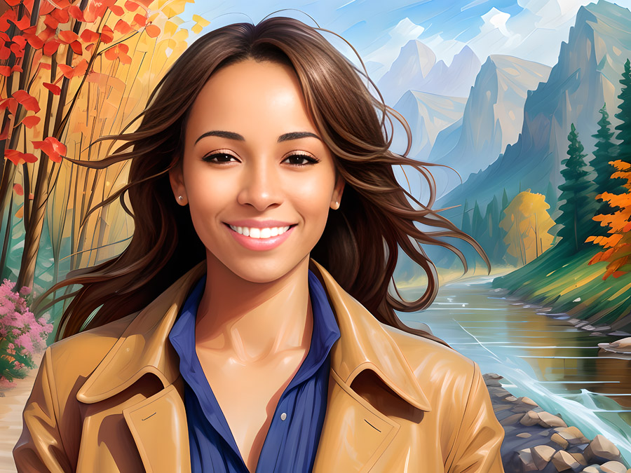 A woman in a tan jacket is smiling perfectly in front of a river.