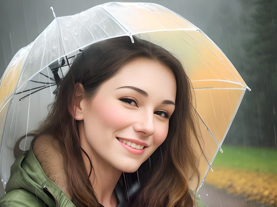 A leading woman holding an umbrella in the rain.