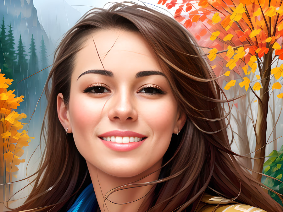An outstanding woman with long brown hair is smiling in the forest.