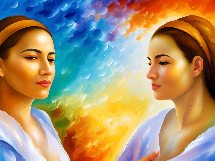 A painting of two women, one holding a small crossbody bag, looking at each other.