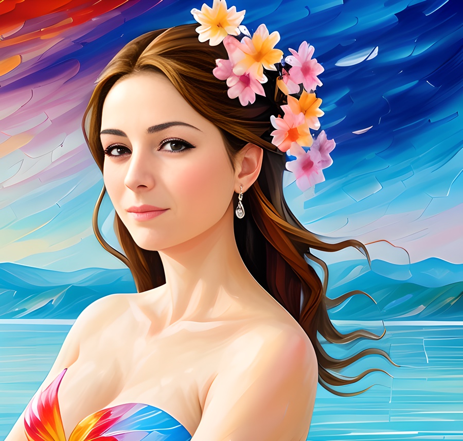 A small painting of a woman with flowers in her hair.
