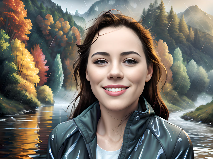 A perfect painting of a woman in front of a river.