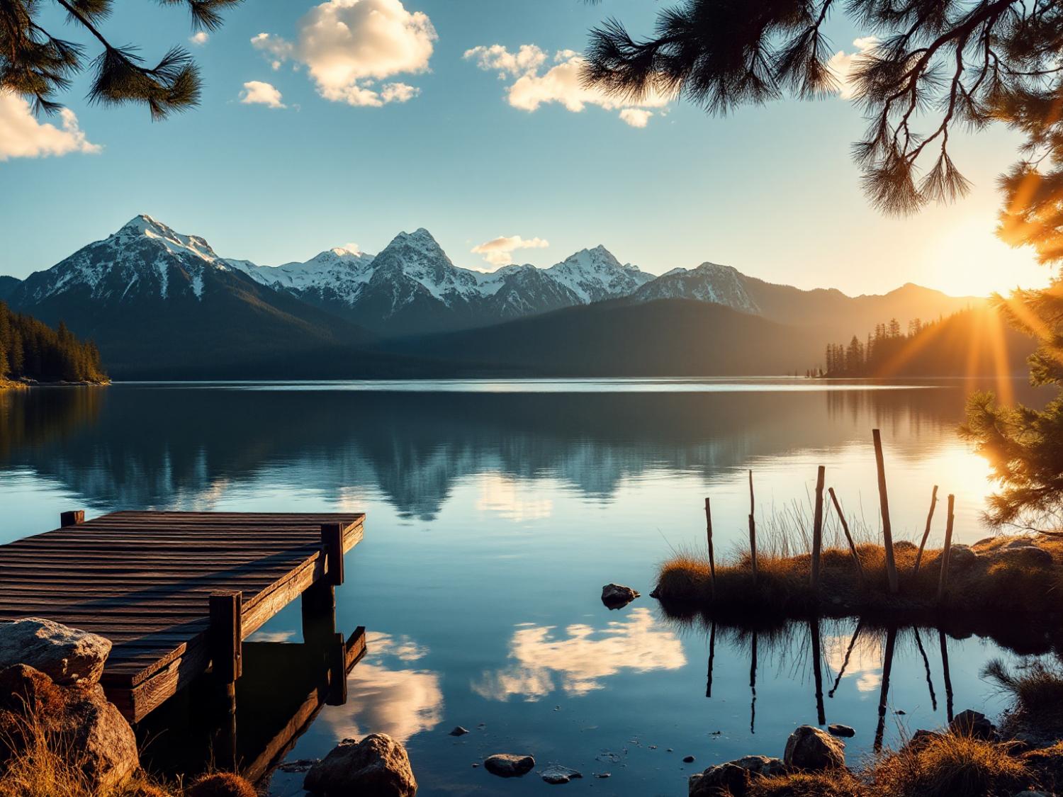 A wooden dock stretches into a serene lake reflecting snow-capped mountains, reminiscent of a timeless leather watch strap. Golden sunset hues illuminate the tranquil scene, echoing nature's elegant style.