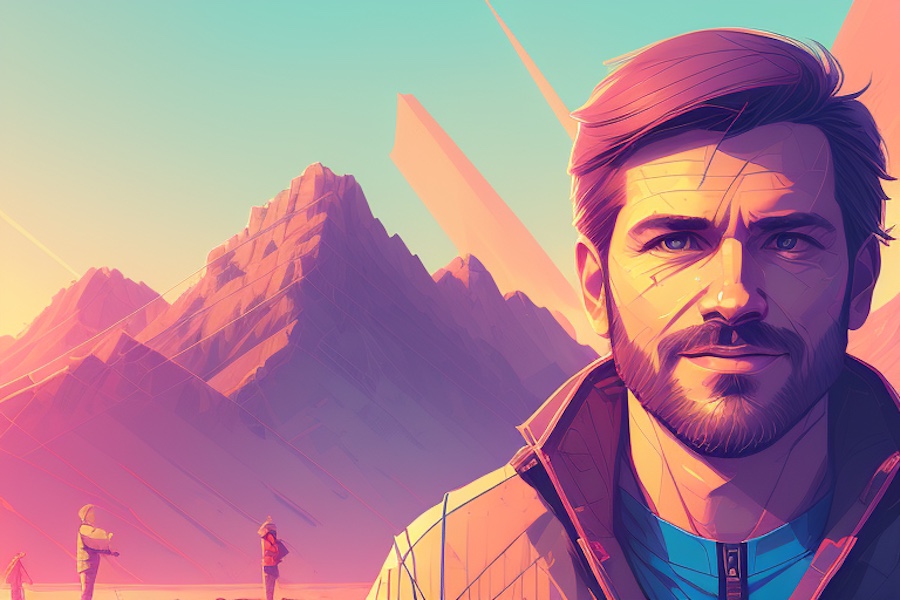 Bearded man, mountains.