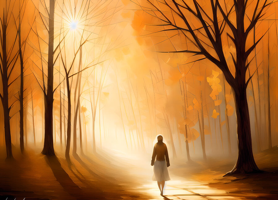 An outstanding painting of a woman walking through a forest.