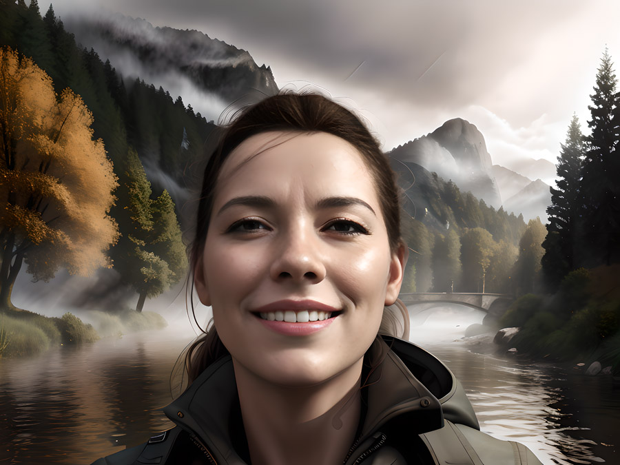 A woman is smiling perfectly in front of a river.