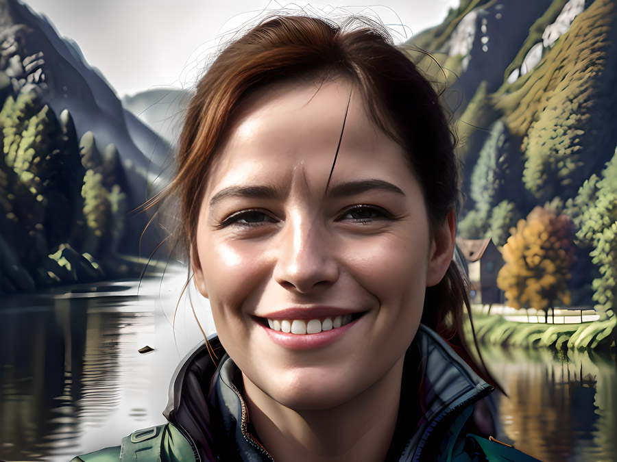 A woman smiling in front of a river, looking perfect.