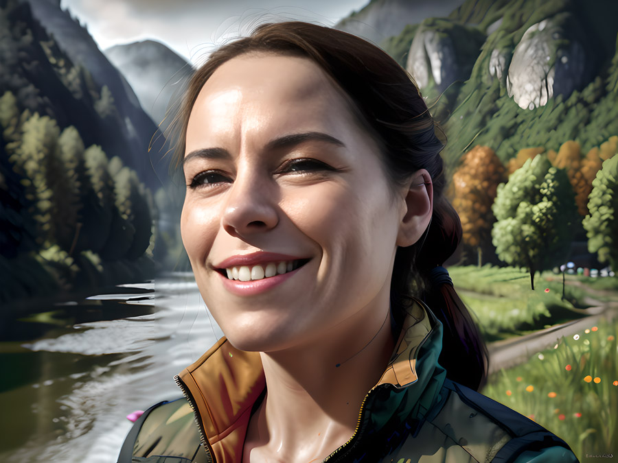 A perfect woman smiling in front of a river.