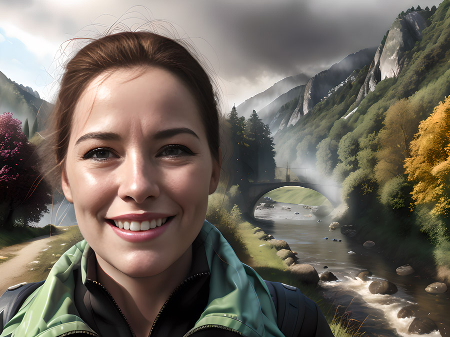A woman is smiling in front of a perfect river.