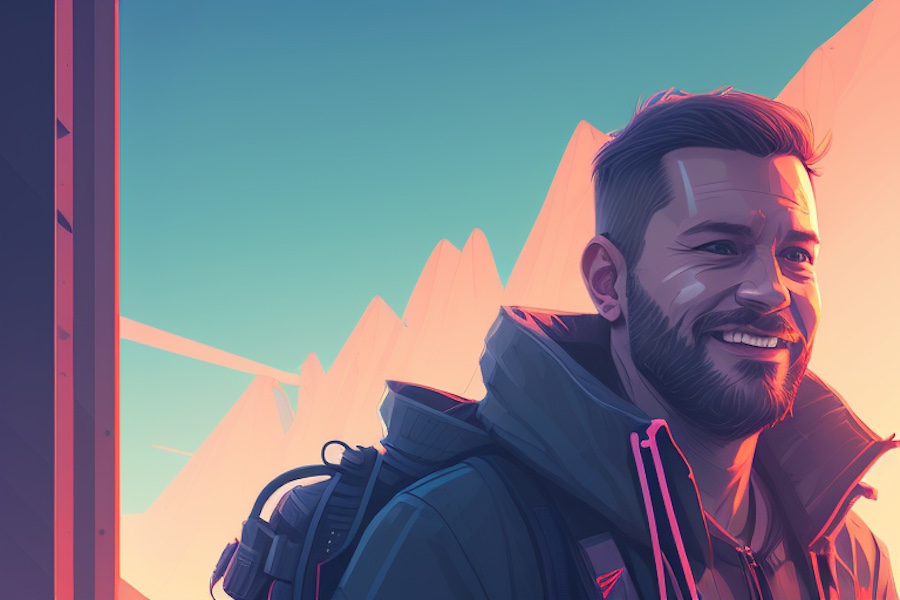 A smiling man backpacking in front of a mountain.