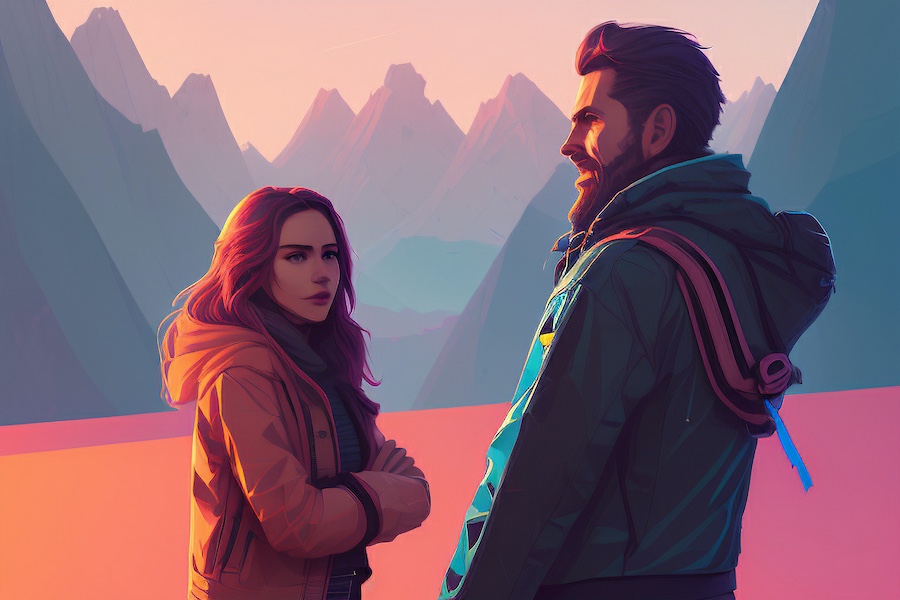 A couple posing near mountains.