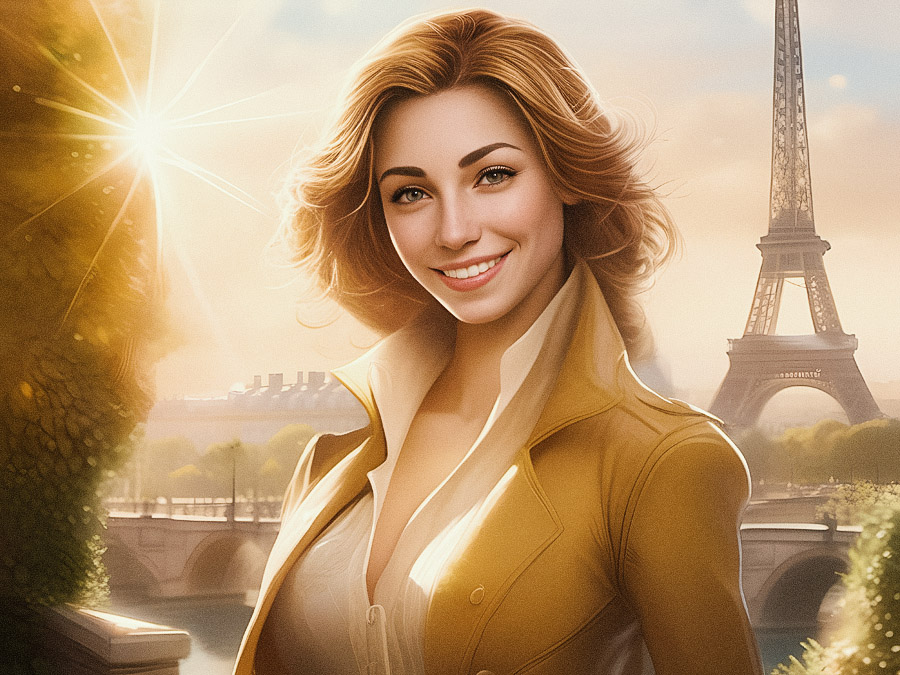 A woman with wavy, light brown hair beams in front of the Eiffel Tower, styled in a chic tan jacket and white top, accessorized with a slouchy bag. The sun casts a golden glow over the scene, highlighting a bridge over the Seine beneath a clear sky. #ParisianChic #EffortlessStyle