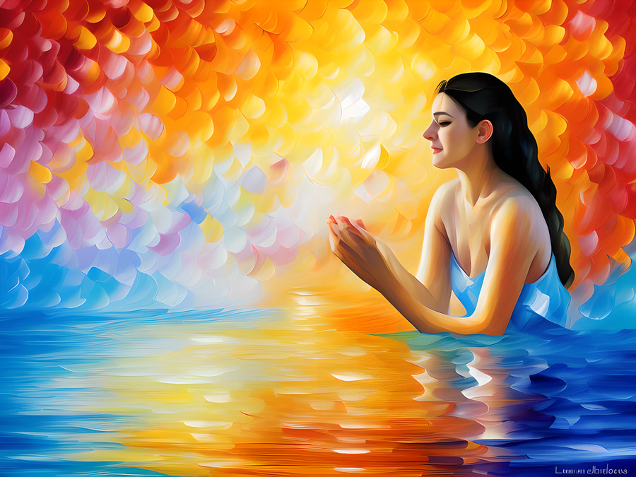 A painting of a woman wearing flip-flops while praying in the water.